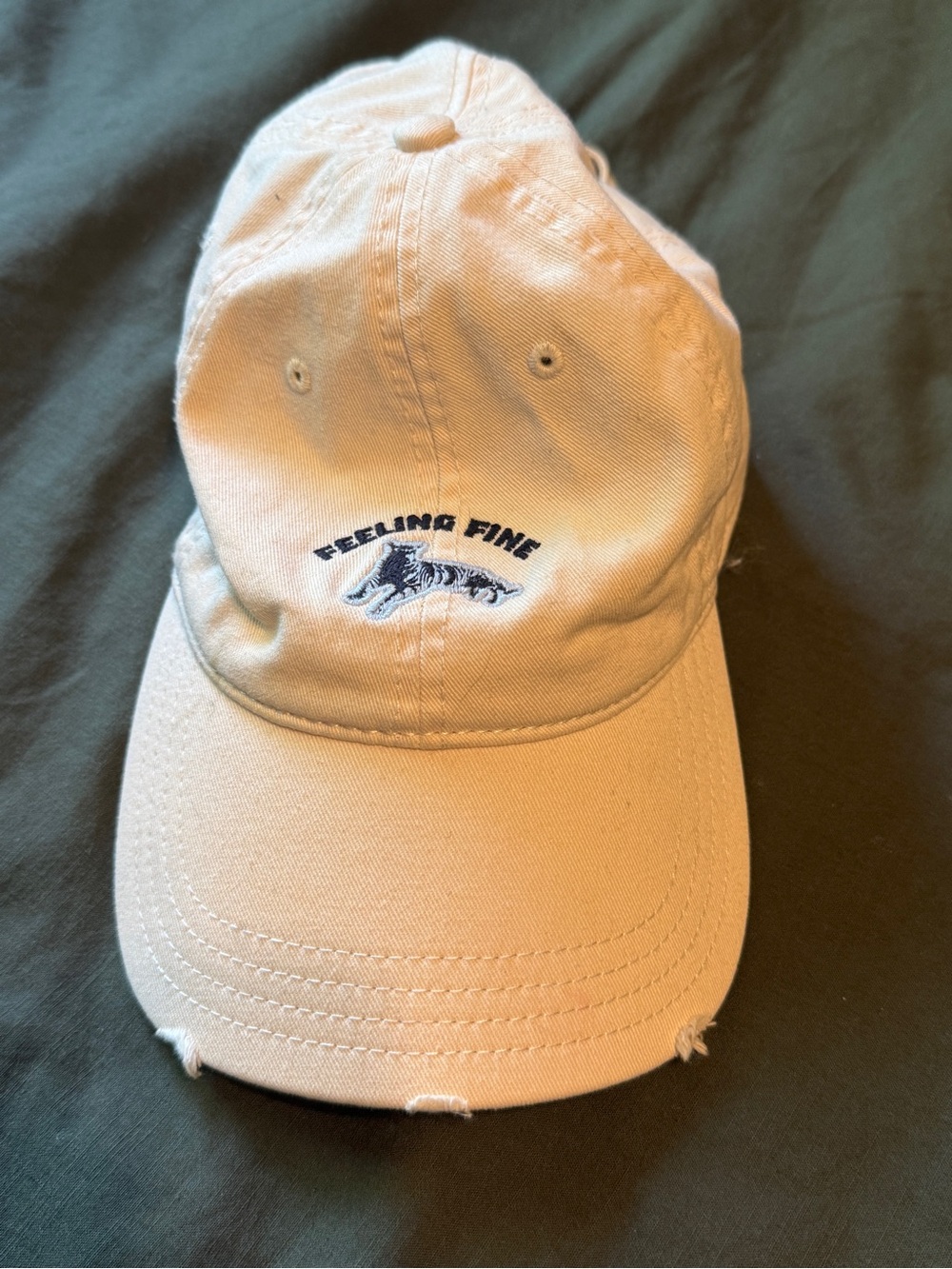 Beige 'Feeling Fine' Tiger Embroidered Distressed Baseball Cap Aerie